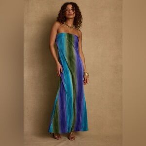 12th Tribe Natalia Blue Striped Strapless Plisse Maxi Dress (NWT!)